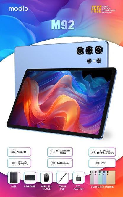 Modio M92 – Tablette PC Android 5G, 16 Go de RAM, 1 To de ROM, écran 11 pouces, batterie 10 000 mAh, clavier sans fil