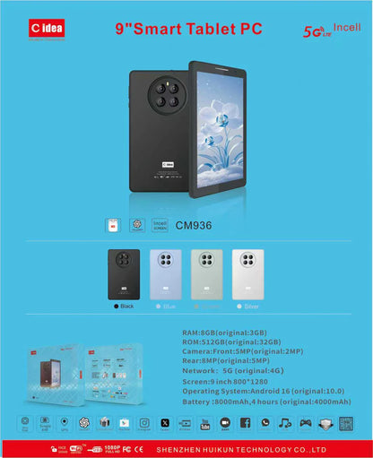 Cidea Tablette 9" CM936 512GB STOCKAGE ET 8GB RAM 5GLTE
